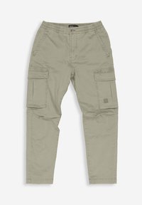 Helle graue Cargo-Hosen aus einem Baumwollgemisch, mit einem elastischen Bund, mehreren Seitentaschen und einem lockeren Schnitt.