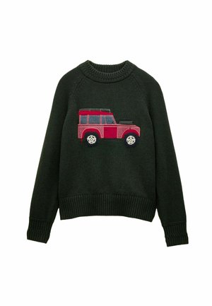 Dark green knitted sweater featuring a pink and blue embroidered vehicle on the front, with ribbed cuffs and hem.