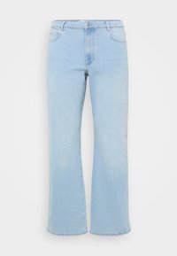 Jeans de perna larga azul claro feitos de denim, com fecho em botão e zíper, cinco bolsos e um desbotado subtil para textura.