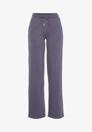 Purple wide-leg sweatpants with a drawstring waistband, made from soft jersey fabric, featuring a smooth texture and casual design.