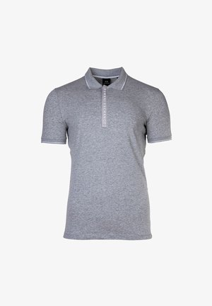 Polo shirt gris à manches courtes, doté d'un col et d'une patte à trois boutons. Finition contrastante sur le col et les manches, ainsi qu'une étiquette de logo.