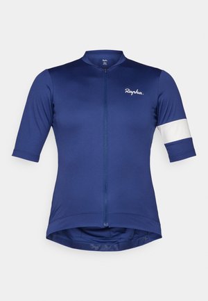 Kortsleeve sykkeltrøye i dyp blått stoff, med glidelås foran og hvit stripe på ermene; lett og kroppsnær design.