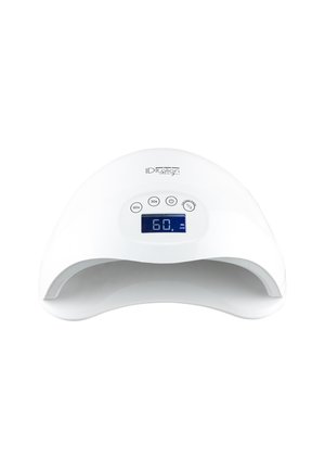 Lámpara de uñas LED blanca con pantalla digital del temporizador y botones para 30, 60 segundos, encendido y ajustes de temporizador mitad.