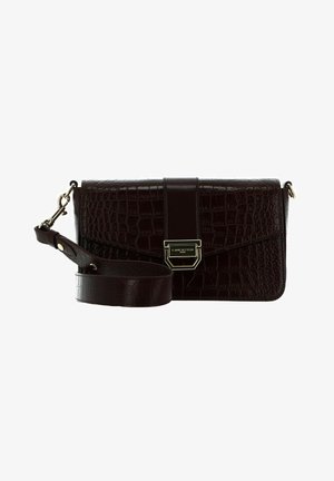 Crocodile-embossed dark burgundy leather handbag with a detachable strap and gold-tone hardware. Features a fold-over flap closure.