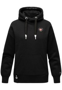 Black hooded sweatshirt with a front pocket, drawstrings, a heart logo on the chest, and ribbed cuffs. Soft fabric texture.