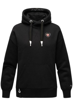 Black hooded sweatshirt with a front pocket, drawstrings, a heart logo on the chest, and ribbed cuffs. Soft fabric texture.