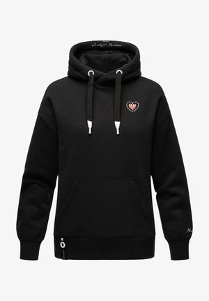 Felpa nera con cappuccio, tasca frontale, cordoncini, logo a forma di cuore sul petto e polsini a costine. Tessuto morbido.
