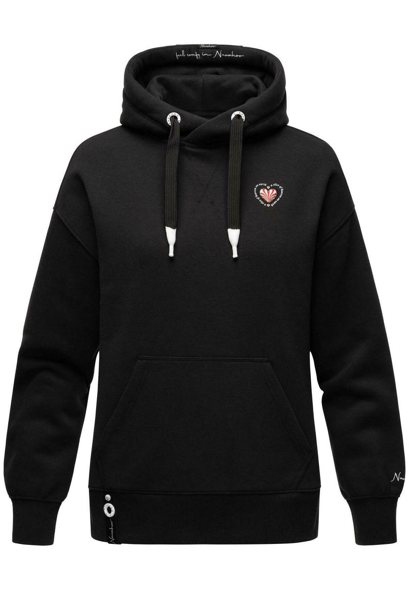 Black hooded sweatshirt with a front pocket, drawstrings, a heart logo on the chest, and ribbed cuffs. Soft fabric texture.