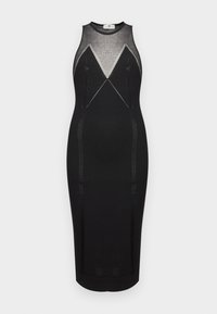 Μαύρο midi φόρεμα χωρίς μανίκια με διαφανή διχτυωτή λαιμόκοψη και γεωμετρικές ραφές στο εμπρόσθιο μέρος.