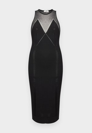 Melna midi kleita bez piedurknēm ar caurspīdīgu tīkliņa izgriezumu un ģeometriskām šuvēm priekšpusē.