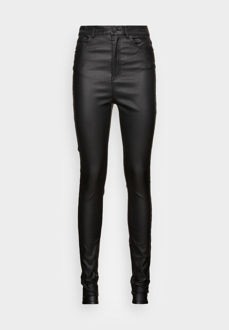 Black faux leather high-waisted pants with a slim fit, featuring four pockets and a smooth, shiny texture.