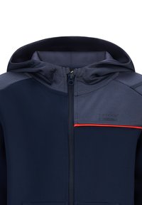 Felpa con zip blu navy, dotata di cappuccio e spalle grigie testurizzate, con una striscia di accento arancione e logo. Tessuto liscio con una vestibilità moderna.