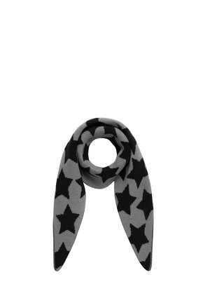 Gray scarf with large black star patterns, folded in a loop with pointed ends visible.