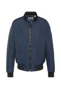 Marineblaue Bomberjacke aus glattem Stoff, mit Reißverschluss, gerippten Bündchen, Seitentaschen und einem atmungsaktiven Strickkragen.