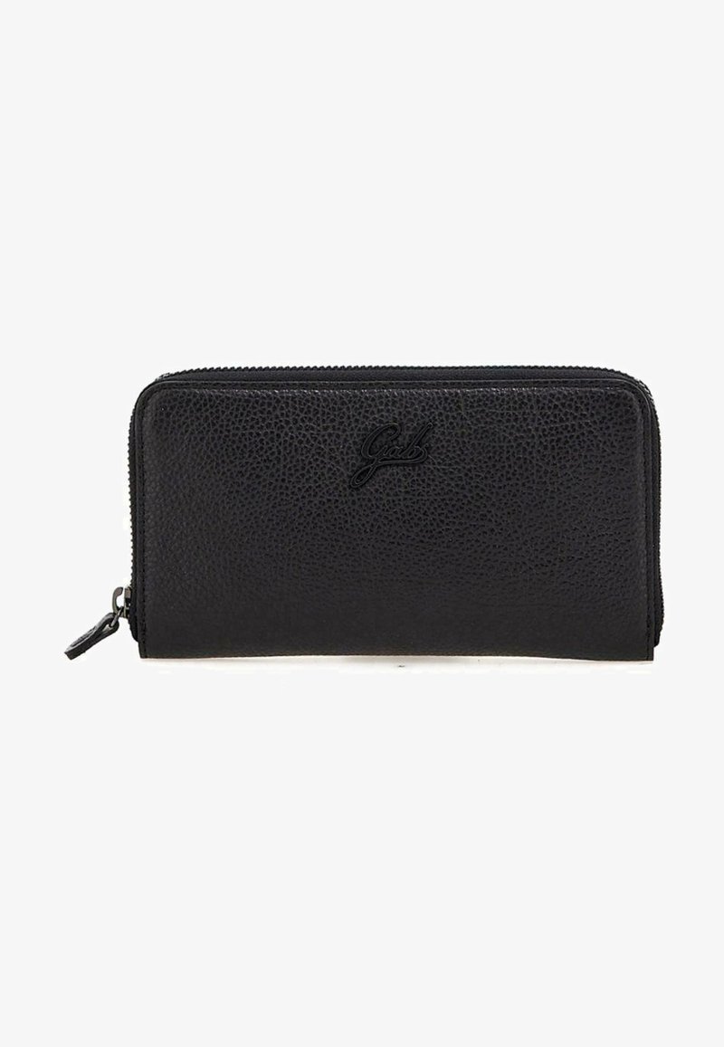 Portafoglio in pelle nera con superficie testurizzata, chiusura con zip e logo impresso sul davanti, caratterizzato da un design rettangolare sottile.