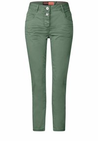 Groene katoenen broek met een slim fit, twee voorkruiszakken, twee achterzakken en een sluiting met twee knopen en een rits. Soepele textuur.