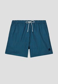 Pantaloni da bagno a righe blu con vita elastica, coulisse bianca, tasche laterali e una toppa rotonda con logo sul lato inferiore destro.