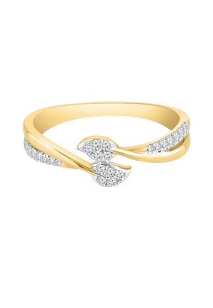 Jemný zlatý prsteň s dvoma listovitými koncami zdobenými malými bielymi diamantmi na hladkej zlatej obrúčke.