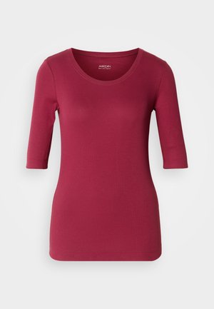 T-shirt à manches longues bordeaux avec un col rond, fabriqué en coton lisse, présentant une coupe ajustée et un ourlet simple.