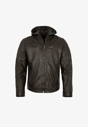 Brown leather jacket with a zip front, dual zippered chest pockets, and a gray hoodie peeking from the collar. Smooth texture and tailored fit.