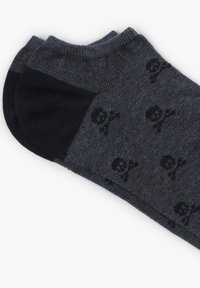 Calcetines cortos negros y gris oscuro con estampados de calaveras, puños acanalados y una textura suave, hechos de un material blando y elástico.