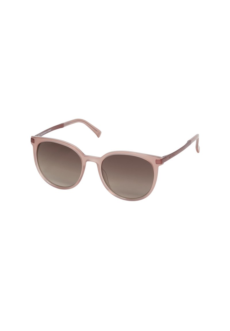 Helle rosa Sonnenbrille mit ovalem Rahmen, verlaufenden braunen Gläsern und eleganten dunkelrosa Bügeln. Glatte Textur, minimalistisches Design.
