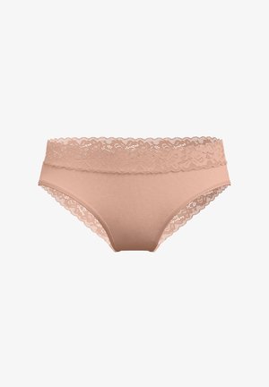 Culotte en coton couleur chair avec une ceinture en dentelle festonnée, présentant une texture lisse et un design couvrant pour le confort.