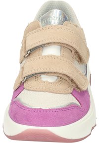 Tan and purple children's sneaker with two Velcro straps, a textured suede upper, and reflective accents. Features a rubber outsole.