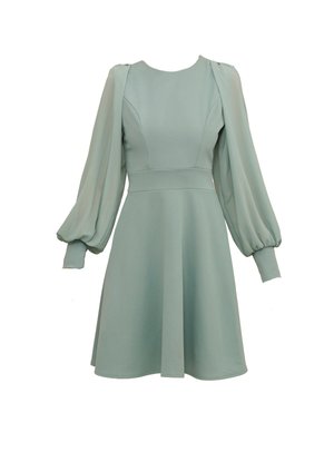 Robe vert menthe avec des manches ballon, corsage ajusté et jupe évasée. Confectionnée en tissu lisse, avec des coutures et des poignets subtils.