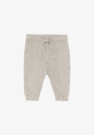 Pantaloni per bambini a righe di colore chiaro con elastico in vita e coulisse. Presentano polsini elasticizzati e una texture morbida.