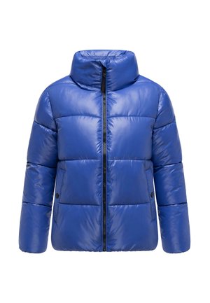 Veste matelassée bleue avec col haut, finition brillante, motif matelassé horizontal, fermeture éclair frontale et poches latérales.