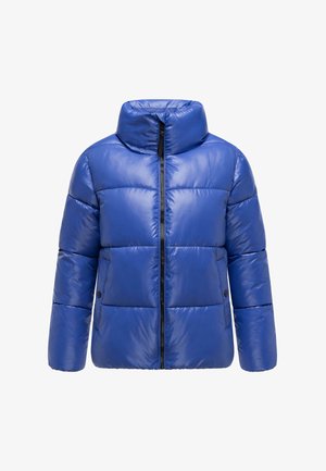 Blå dunjakke med høj krave, blank overflade, vandret quiltet mønster, lynlås foran og sidelommer.