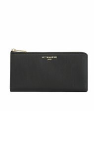 Portafoglio in pelle nera con superficie texture, logo dorato e chiusura con zip. Forma rettangolare compatta, progettato per l'organizzazione di carte e denaro.