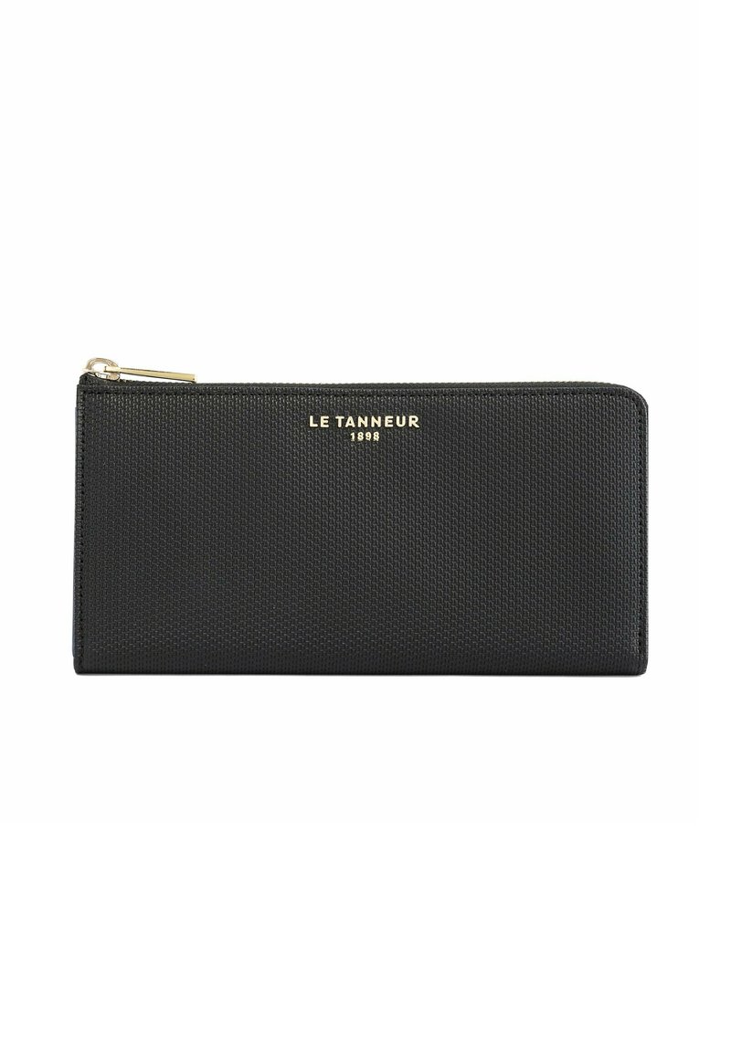 Portafoglio in pelle nera con superficie texture, logo dorato e chiusura con zip. Forma rettangolare compatta, progettato per l'organizzazione di carte e denaro.