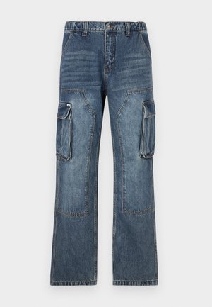 Blue denim cargo pants with a relaxed fit, featuring two side pockets, stitched detailing, and a slightly faded texture.