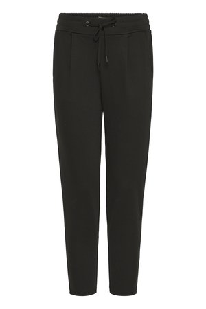 Mustat collegehousut pehmeästä kankaasta, jossa on kiristysnauha vyötäröllä, kaksi sivutaskua ja kapenevat lahkeet sileällä pinnalla.