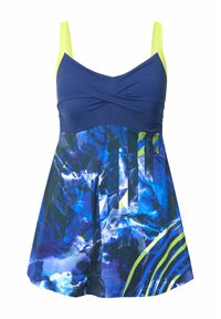 Robe de bain avec un haut bleu marine et une jupe fluide aux motifs abstraits en bleu et vert. Caractéristiques de fines bretelles et d'un tissu texturé.