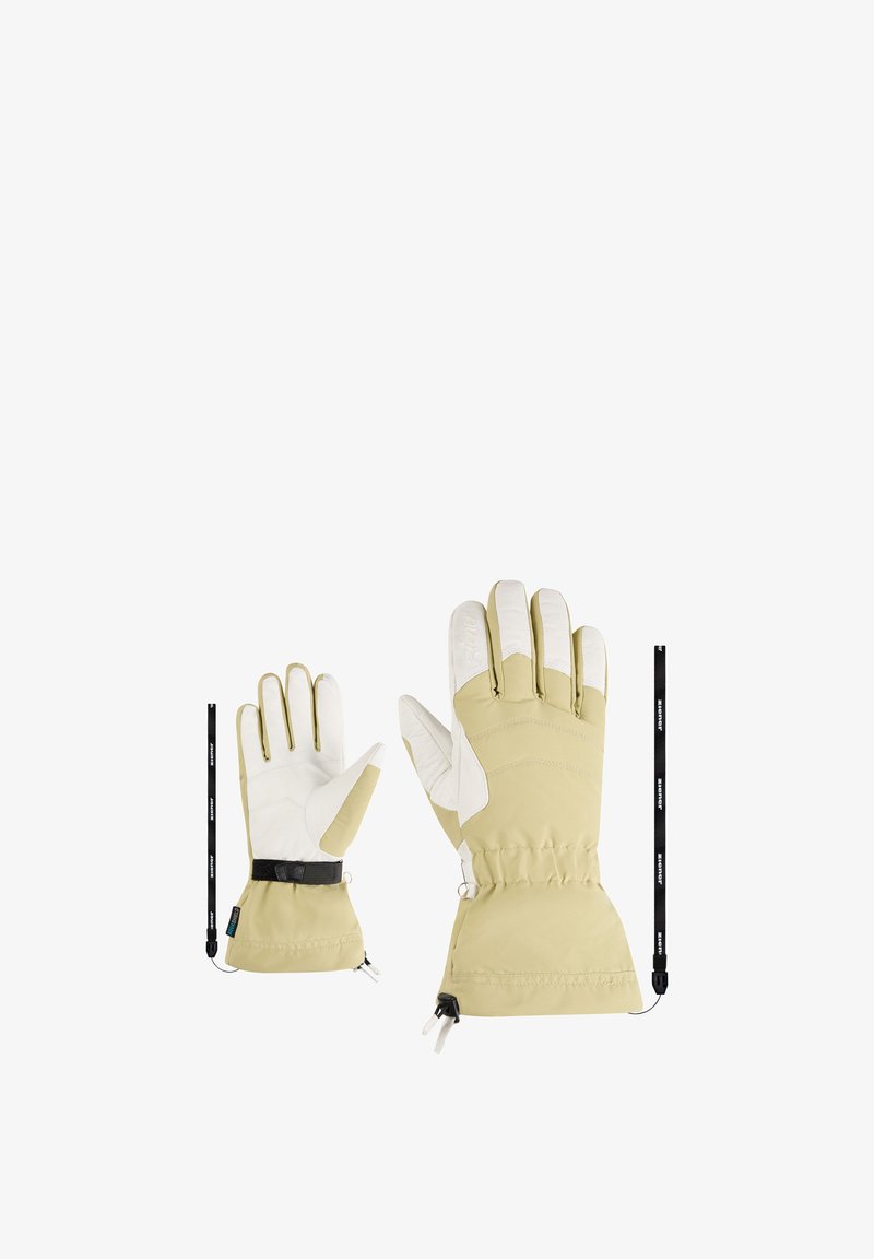 Winter gloves featuring a beige exterior and white palm, with textured areas and a wrist strap for secure fit. Adjustable closure.