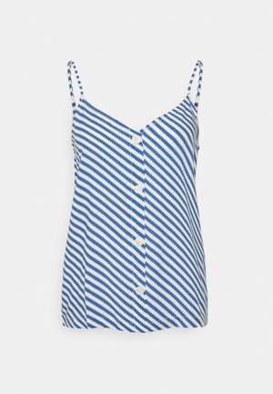 Blau-weißer, diagonal gestreifter ärmelloser Oberteil mit dünnen Schulterriemen und weißen Knöpfen vorne vor einfarbigem Hintergrund.