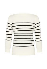 Haut blanc à manches longues avec des rayures horizontales noires, doté d'un col bateau et d'une texture douce et lisse. Convient pour une tenue décontractée.