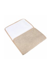 Tapis pour animaux de compagnie pliable beige et blanc avec une texture en polaire d'un côté et un tissu lisse de l'autre, montré partiellement ouvert.