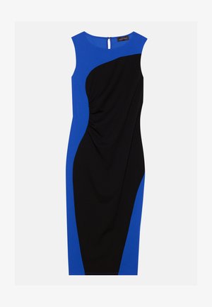 Bežė su rankovėmis, turinti prigludusią siluetą, su mėlyna ir juoda spalvų blokavimo dizainu, tekstūruotu audiniu ir raukšlėmis ant šono.