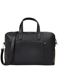 Schwarze Ledertasche mit doppelten Tragegriffen, verstellbarem Schultergurt, Vordertasche und glatter, strukturierter Oberfläche. Reißverschlussverschluss.