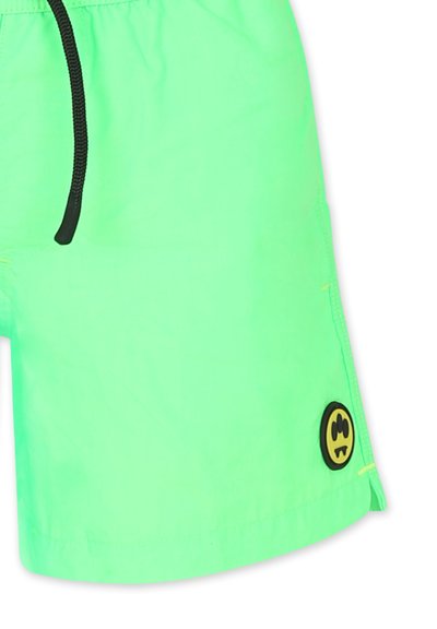 Costumi da bagno verde neon con un cordoncino nero. Presentano una patch con logo nero in basso a destra e una superficie liscia e uniforme.