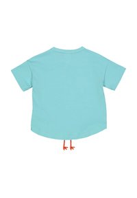 Lichtblauw katoen T-shirt met korte mouwen, gebogen zoom en oranje vogelpoten detail op de achterkant. Gladde textuur en effen kleur.