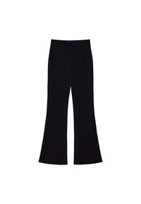 Črne razširjene hlače z visokim pasom, brez vidnih žepov ali gumbov, prikazane na beli podlagi.