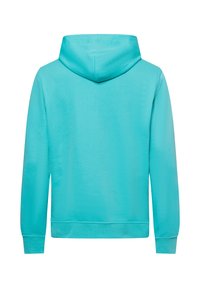 Sudadera con capucha turquesa que presenta una textura suave, mangas largas y un ajuste relajado. El material parece ligero y suave.
