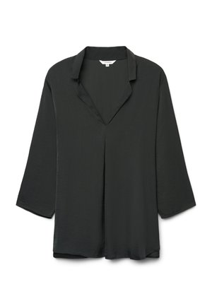 Czarna, luźna bluzka z długimi rękawami, z otwartym kołnierzem w kształcie litery V i miękkiej, lekko teksturowanej tkaniny.
