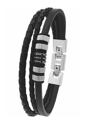 Czarna, wielowarstwowa bransoletka dla mężczyzn z plecionymi i gładkimi paskami skórzanymi, srebrnymi cylindrycznymi i prostokątnymi metalowymi zapięciami oraz ozdobami.