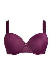 Paarse ondergoed beha met gladde, gepadde bekers en kantdetail in het midden. Voorzien van verstelbare banden en bijpassende afwerking.
